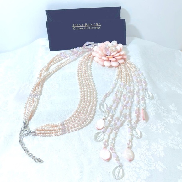 Vtg JOAN RIVERS Scarlet Pink 20" +3" Bead Flower Necklace Mult-Strand - Picture 1 of 11